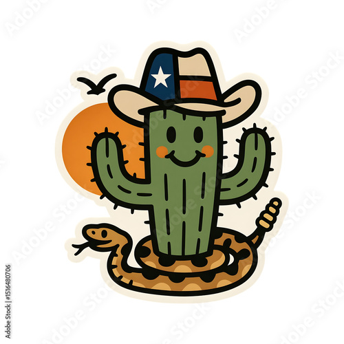 Illustration sticker with a cutout background of a sunset and a cactus wearing a Texas cowboy hat with a rattlesnake underneath