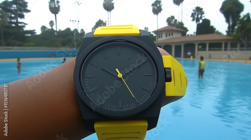Wristwatch close-up against a backdrop of aquamarine swimming pool and palms