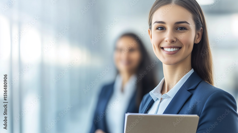 Confident businesswoman smiles and holding documents with a colleague in a modern office background. Confident businesswoman smiles and holding documents with a colleague in a modern office background.