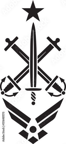 Veterans Day graphic emblem with crossed swords, anchor, feathers, and star honoring military service and patriotism