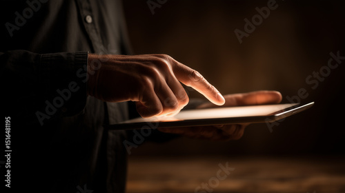 Close up of a man's hand interacting with a glowing tablet screen on dark background.
