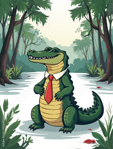 a crocodile with a tie sitting in the middle of a forest