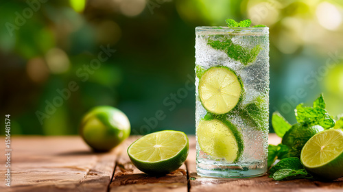 Glass of cold mojito with mint and lime slices on rustic wood table in bright outdoor light, condensation glistens on glass surface, lime and mint repeated to evoke fresh summer drink concept