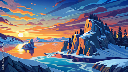 Baikal Lake in December. Magnificent sunset landscape of Olkhon Island in cloudy and snowy weather. View of the natural landmark - Shamanka Rock and the Wish