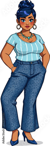 a drawing of a woman in jeans and a striped shirt