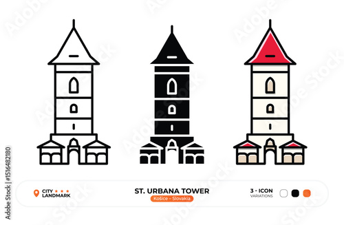 St. Urbana Tower Line Icon, Košice, Slovakia Landmark Silhouette, Color Vector, Editable Stroke.