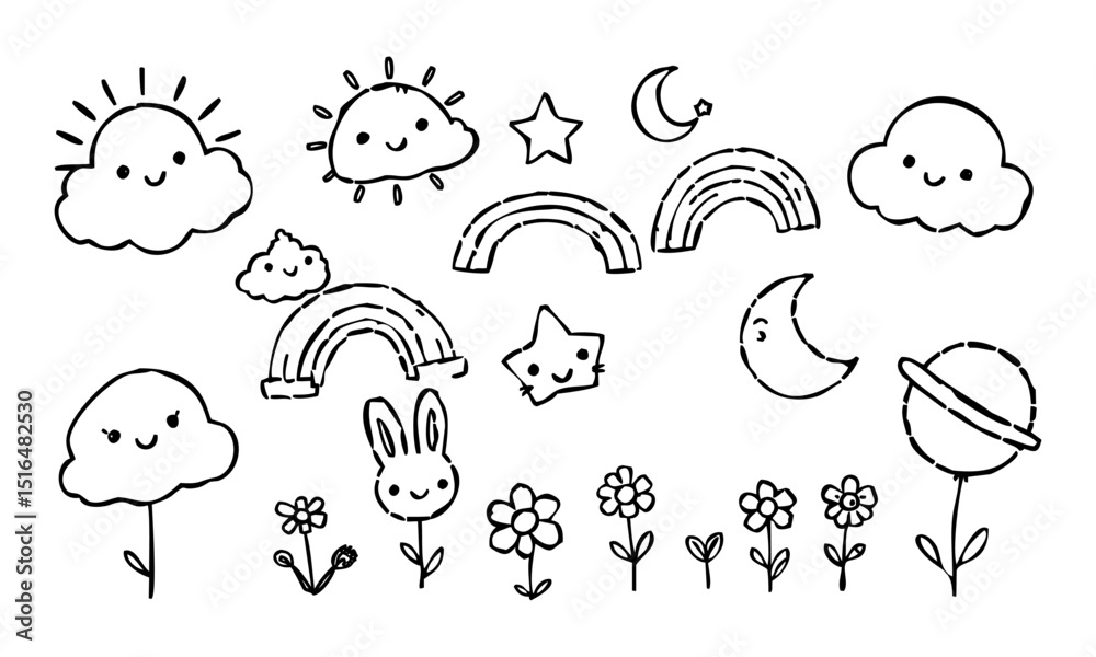 Obraz premium Happy Sky Doodle Pack – Cheerful sky illustration with smiling sun, sleeping moon, and cute clouds. Design suitable for children’s book or room decoration.