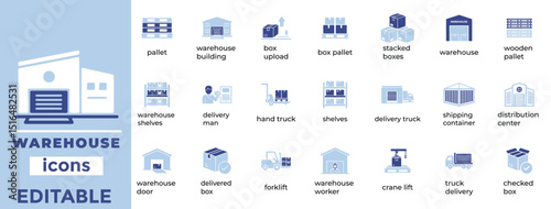 Editable warehouse icons ideal for logistics, storage, shipping, and inventory visuals. Clean, modern, industry-ready design.