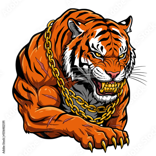 Gangsta Tiger – Muscular Cartoon Tiger with Gold Chains and Aggressive Expression