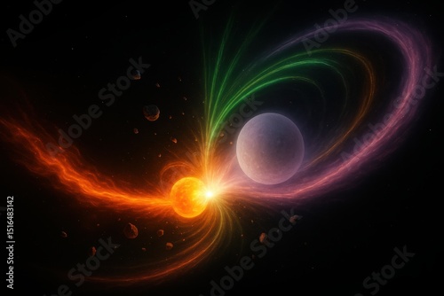 Dual Star Collision with Spiral Ejecta and Binary Collapse Stream in Space

 photo