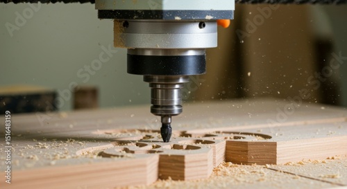CNC router carving intricate design into light wood, creating sawdust