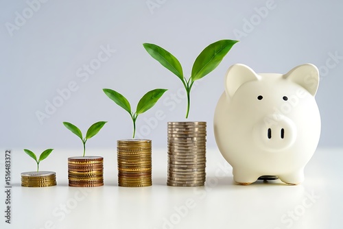 Investment Growth Concept With Stacks Of Coins,Piggy Bank And Seedlings