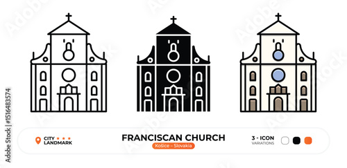 Franciscan Church Line Icon, Košice, Slovakia Landmark Silhouette, Color Vector, Editable Stroke.