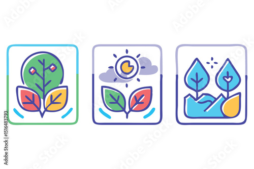 Icons of Nature: A set of modern, stylized icons depicting vibrant natural elements.