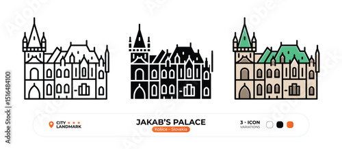 Jakab’s Palace Line Icon, Košice, Slovakia Landmark Silhouette, Color Vector, Editable Stroke.