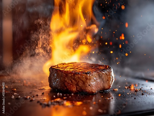 Sizzling teppanyaki steak grilling action japanese cuisine food photography restaurant environment close-up view culinary art