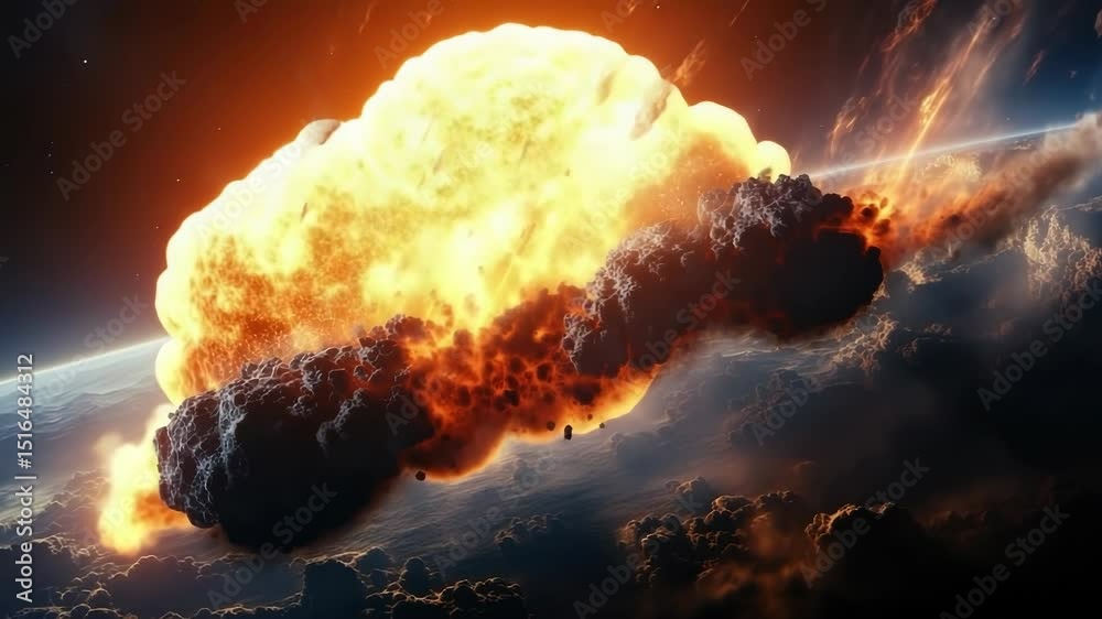 An asteroid entering Earth's atmosphere, glowing brightly as it burns up, with a dramatic sky in the background