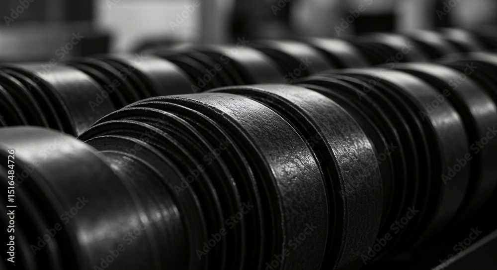 Metal coils lined up in a row creating an industrial pattern with contrasting light and shadow detail.