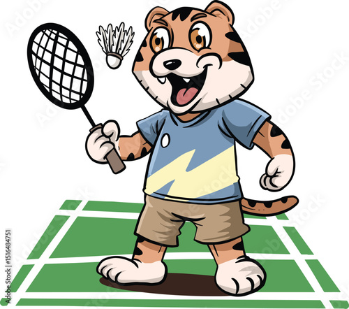 cute tiger cartoon design playing badminton