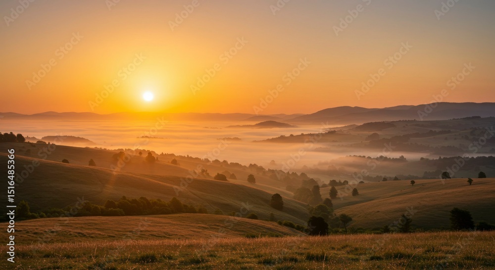 Fototapeta premium Sunrise over rolling hills and valleys, shrouded in morning mist, with golden sunlight illuminating the landscape
