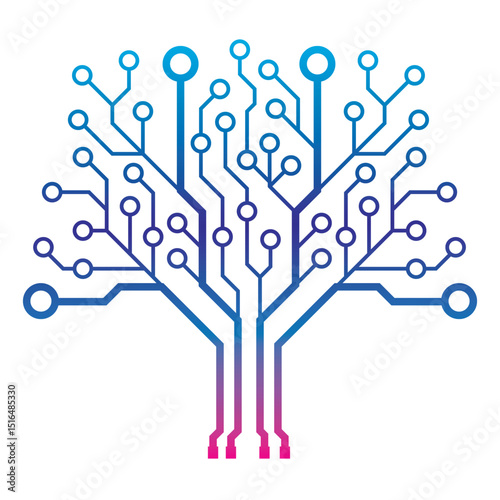 Abstract Blue Gradient Circuit Board Tree. Technical circuit tree graphic illustration  