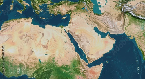Satellite view the Middle East and North Africa, showing terrain and water features