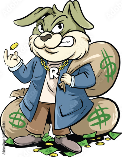 cartoon design of dog carrying money in sack