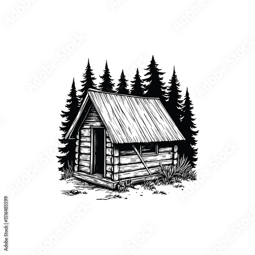 Vintage cabin in the forest illustration. drawn in an engraved, woodcut style with fine details sketch engraving vector illustration. Scratch board imitation. 