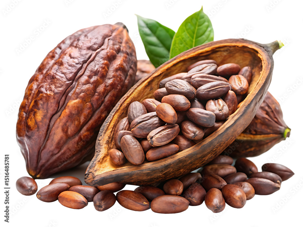 Fototapeta premium whole and half cocoa pod with raw beans isolated on white background, PNG