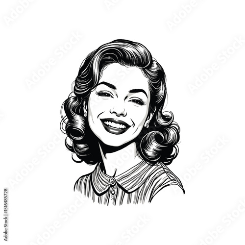 Vintage pin up woman smiling illustration. drawn in an engraved, woodcut style with fine details sketch engraving vector illustration. Scratch board imitation. 