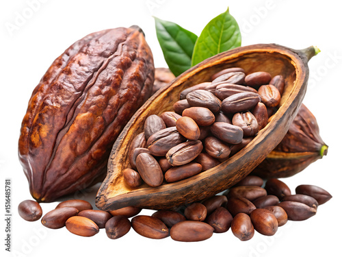 whole and half cocoa pod with raw beans isolated on white background, PNG