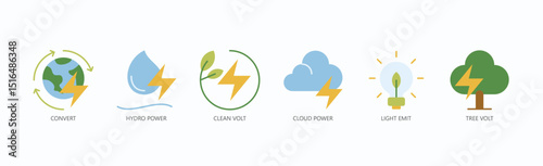 Eco Current Icon Set Isolated Vector With Icon Of Convert, Hydro Power, Clean Volt, Cloud Power, Light Emit, Tree Volt In Flat Style