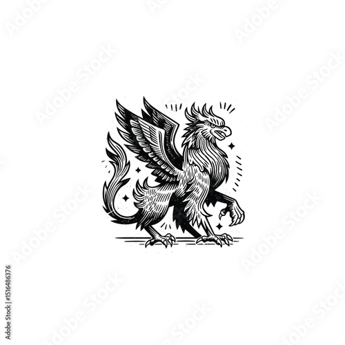 Bold Black and White Illustration of a Majestic Griffin – Mythical Creature Art. drawn in an engraved, woodcut style with fine details sketch engraving vector illustration. Scratch board imitation. 