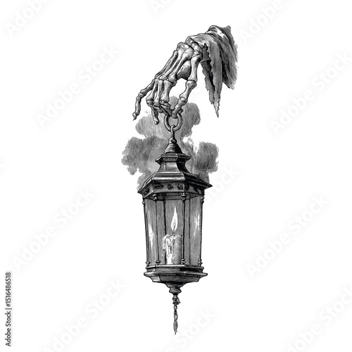 Skeletal Hand Holding a Hanging Lantern with Burning Candle – Detailed Black and White Gothic Illustration. drawn in an engraved, woodcut style with fine details sketch engraving vector illustration. 