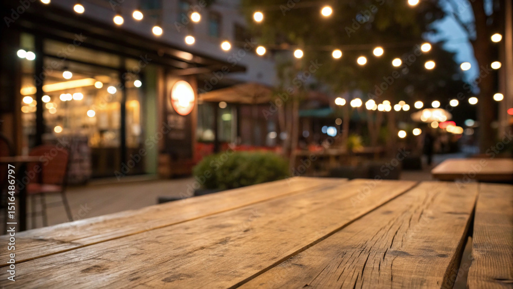 Fototapeta premium Wooden table with warm bokeh lights, evoking cozy evening ambiance 