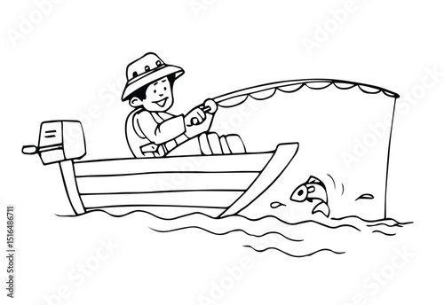 young man fishing on a boat illustration in doodle style
