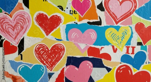 Colorful heart-shaped papers, torn and layered, creating a vibrant collage
