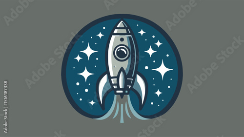 a logo that features a retro-inspired rocket ship, shades of blue and grey,