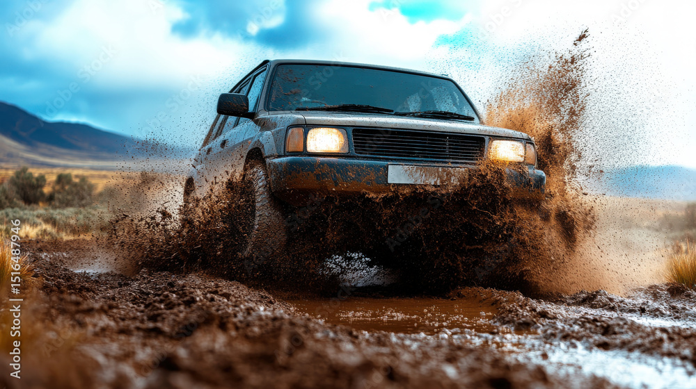 Obraz premium Four-wheel drive vehicle splashing through muddy terrain in dynamic action shot