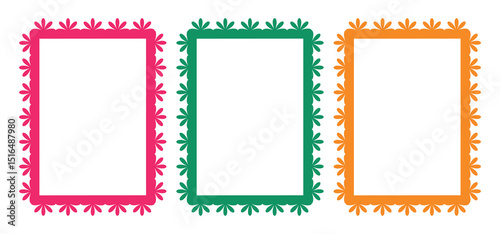 Set of rectangular mexican frames in different colors with floral silhouette. Mexican fiesta - festive frame, social media story. Design element for banner, poster. Isolated vector illustration.