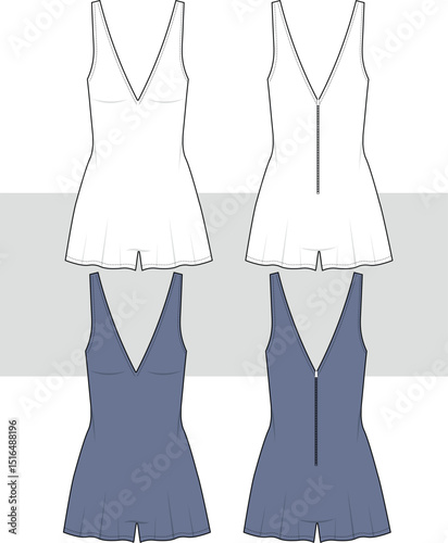 Women's mini jumpsuit. Girls V neck wide short legs jumpsuit with back zipper detail. fashion technical drawing, flat sketch, illustration. Card, mockup.