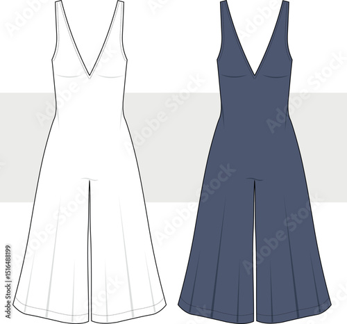 Women's V neck wide legs jumpsuit fashion technical drawing, flat sketch, illustration. Card, mockup.