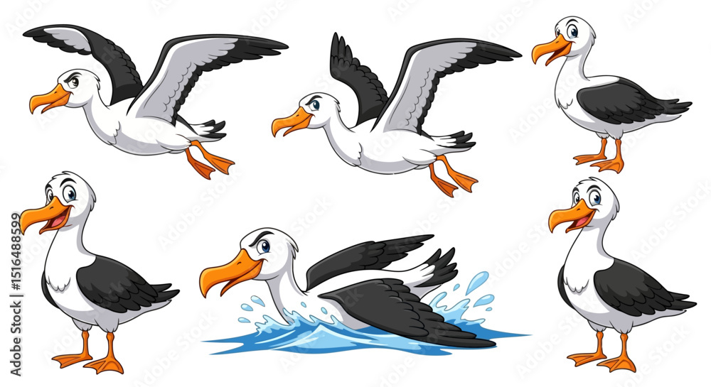 Fototapeta premium Cartoon Albatross Character Set – Cute Seabird Flying, Swimming, and Standing Poses