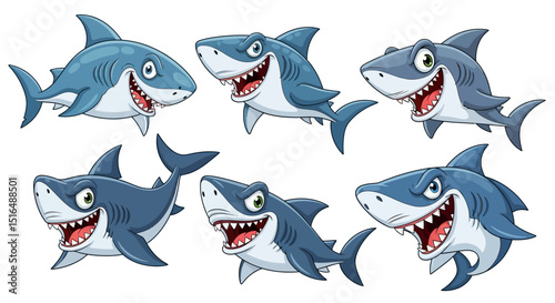 Cartoon Shark Character Set – Smiling and Fierce Sea Predators in Fun Poses