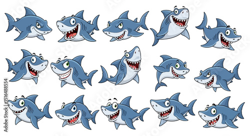 Cartoon Shark Bundle – Set of Funny and Cute Ocean Predators in Various Expressions