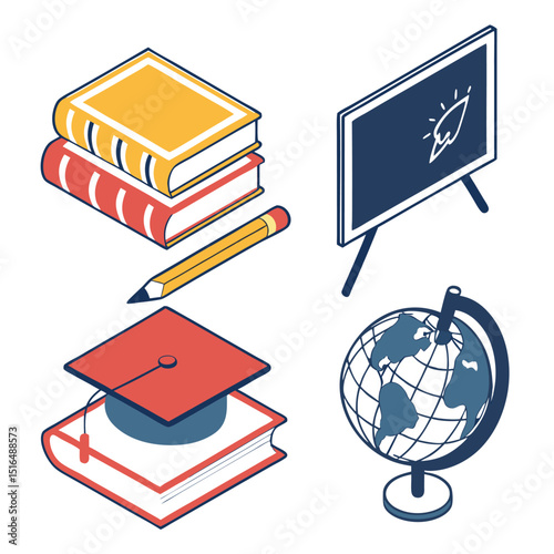  modern 3d education icons   books  graduation cap.eps