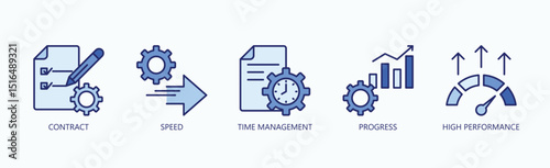 Mastering Efficiency Icon Set Isolated Vector With Icon Of Contract, Speed, Time Management, Progress, High Performance In Blue Style