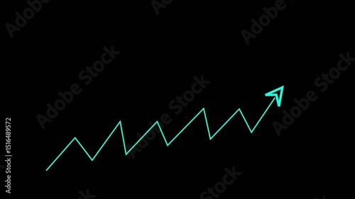 Animated rising arrow with blue and growth graph comparative on black background. Business success and upward trends concept.