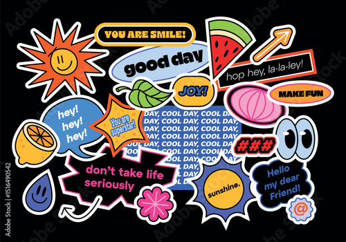 Funny collection of y2k patches, labels, tags, stamps. Stickers with short phrases in retro cartoon style. Groovy vector set, trendy promo labels in 90s hipster grunge funk style. Flat illustrations.