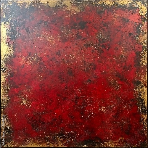 A square abstract painting featuring red black and golden tones
